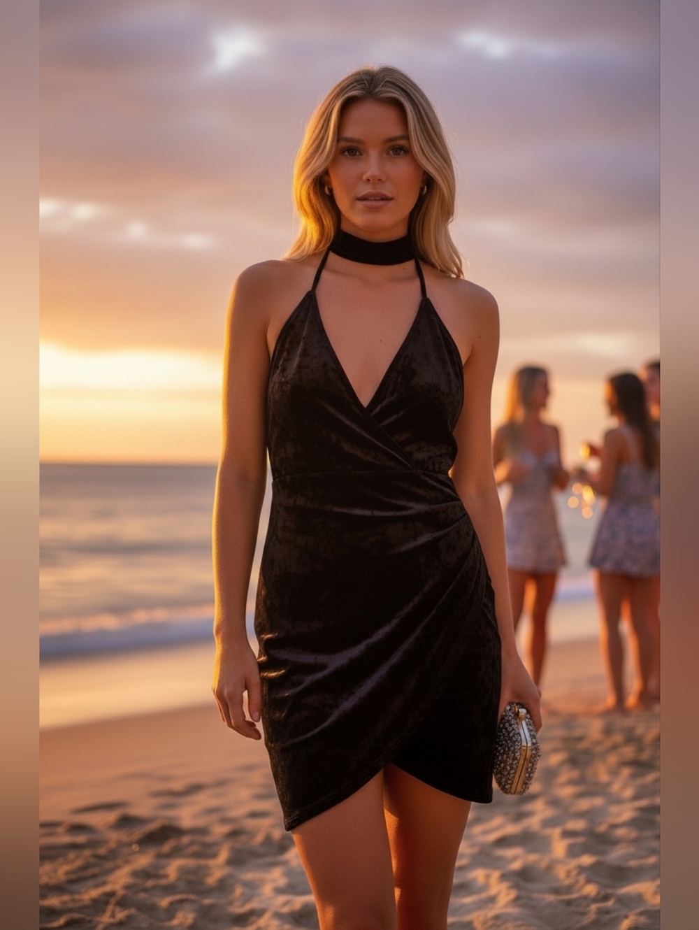 🖤Choker V Neck Black Velvet Strappy Wrap-Style Backless Dress
